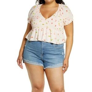 BP NWT Women's Sz 1X Babydoll Shirred Crop Top Medium Pink Red Floral Smocked